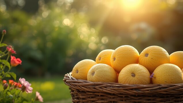 Display of whole cantaloupes in baskets, highlighting fresh produce presentation
