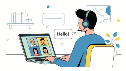 Person in headphones on a laptop video call, demonstrating remote work and virtual collaboration