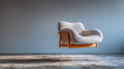 A stylish and textured modern armchair with wooden arms is shown floating effortlessly in the air against a minimalist gray background with a rough textured floor.