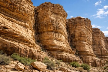 Natural sandstone cliffs featuring stratified rock layers and rough textures