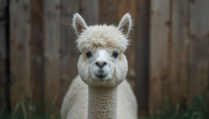 Obraz premium Alpaca head and back in a wooden stable, focusing on fiber density for sustainable farming practices, animal husbandry