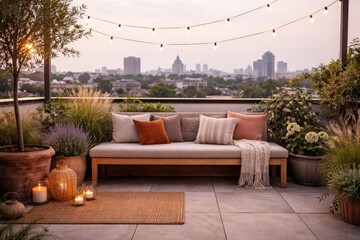 Rooftop terrace captured with a single seating bench