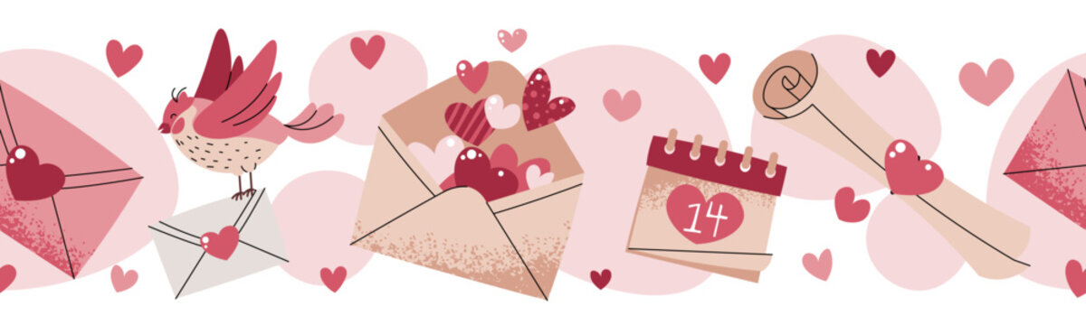 Seamless Valentines Day Border With Love Letter Envelope, Hearts And Bird In Flat Style. Repeating Romantic Message Pattern For Washi Tape, Piping, Textile, Gift Wrap, Wallpaper And Craft