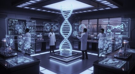Scientists in Futuristic Biotech Lab Analyzing Holographic DNA and Digital Data with Interactive Screens
