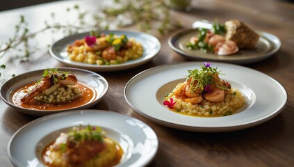 An assortment of dishes arranged on plates highlighting plating artistry, ideal for food styling backgrounds