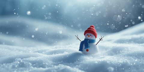 Tiny snow figures with red headgear and blue scarves in a snowy winter landscape, ideal for winter holiday themes