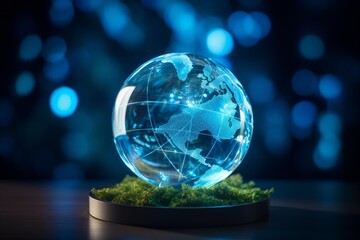 Glass earth globe resting on moss, symbolizing sustainable technology and ecological awareness