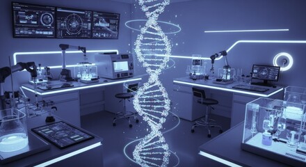 Futuristic Blue-Lit Science Lab with Glowing DNA Helix and Advanced Biotechnology Equipment for Genetic Research and Digital Data Analysis