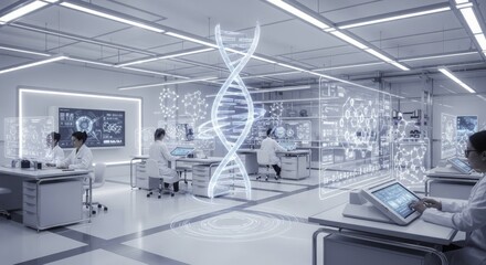 Scientists in a Futuristic High-Tech Laboratory Conducting Genetic Research and Data Analysis with Holographic Displays and Advanced Biotechnology