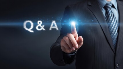 The Businessman Touching a Futuristic Q&A Interface with Glowing Light