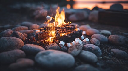 Campfire, glowing flames with marshmallows roasting on sticks, surrounded by stones, evening scene