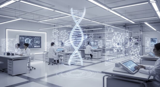 Scientists in a Futuristic High-Tech Laboratory Conducting Genetic Research and Data Analysis with Holographic Displays and Advanced Biotechnology - Powered by Adobe