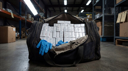 Smuggling seizure of illegal packages in a dark warehouse. Open duffel bag filled with wrapped bricks and forensic gloves on concrete floor. Customs and law enforcement evidence collection concept