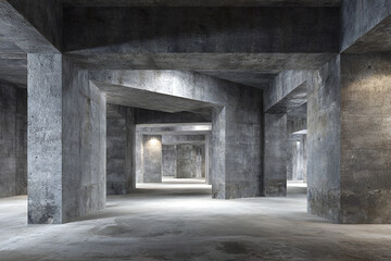 Obraz premium Minimalist industrial interior space with unfinished concrete walls and pillars, creating raw and spacious atmosphere with soft lighting enhancing texture and depth