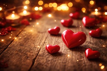 Warm romantic setting with red hearts on rough wooden table and soft glowing light effects