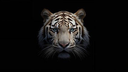 Fototapeta premium Close-up of a Bengal tiger with vivid stripes on a dark backdrop, illustrating predator adaptability