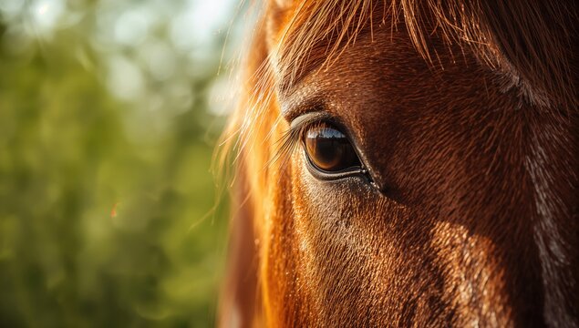 Detailed view of a brown horses eye highlighting alertness and natural textures, ideal for veterinary or animal health themes