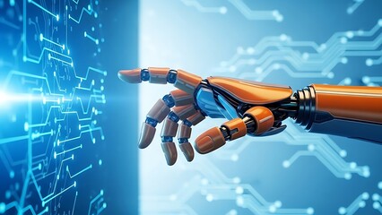 Robotic hand interacting with futuristic circuit board technology