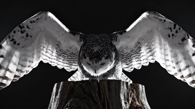 Stunning Close-Up of a Majestic White Snowy Owl Perched on a Weathered Tree Stump, Slowly Extending