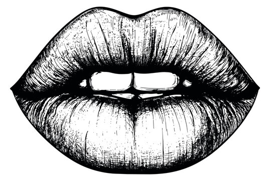Hand drawn line art illustration of a mouth depicting full lips and visible teeth for beauty and fashion design