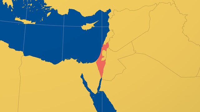 Israel on Globe. Animated zoom into the country in Ocean Blue Golden Yellow color palette. Israel logo animation. Map with meridians, parallels. Vibrant video.