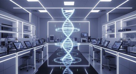 Modern, futuristic biotechnology laboratory with glowing DNA helix and advanced research equipment.