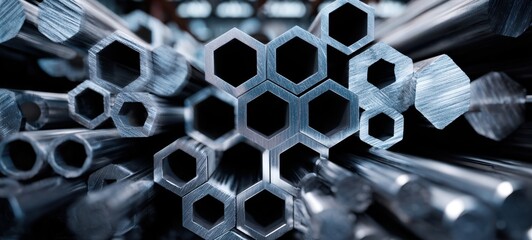 The Hexagonal Metal Tubes Stacked in Industrial Warehouse with Reflective Metallic Texture