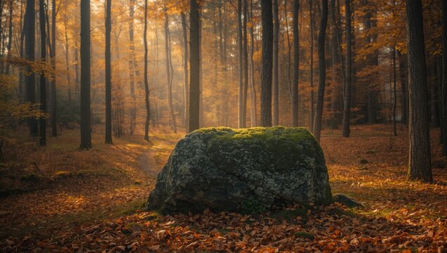 Single rock formations amid forest setting during fall, highlighting natural landscape and moss coverage