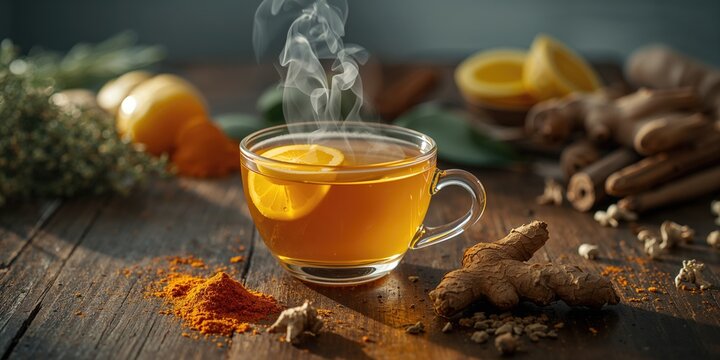 Herbal turmeric tea with lemon and ginger, focusing on natural liver cleansing and inflammation reduction, health beverage