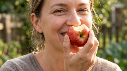Smiling mature woman holding a bitten red apple in a sunny garden, concept of healthy nutrition and wellness for natural lifestyle and organic snack in the summer