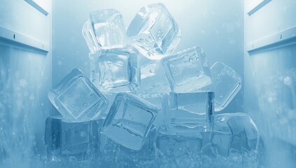 Frozen ice cubes inside a refrigerator, used as a functional backdrop for informational displays