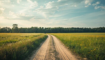 Obraz premium Forest edge with a sandy pathway cutting through a grassy meadow, urban planning background