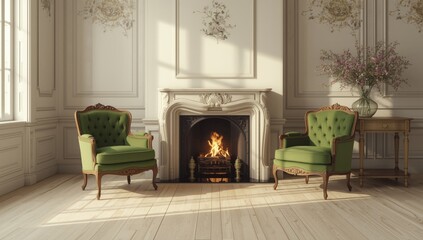 Interior scene with vintage green armchairs adjacent to a fireplace, home comfort and design