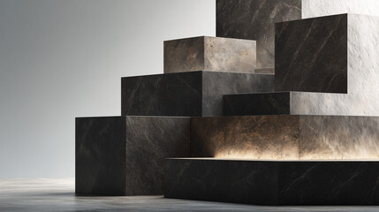 Dark stone geometric steps with dramatic lighting and textured surfaces ideal for architectural visuals, modern branding and product display backgrounds