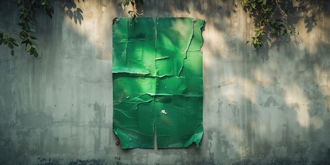 Detail of aged green poster on city wall, textured urban surface, graffiti cleanup awareness