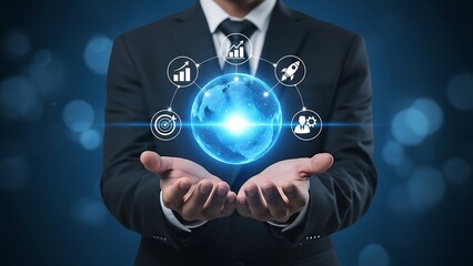 Businessman hands holding glowing blue digital globe with business icons