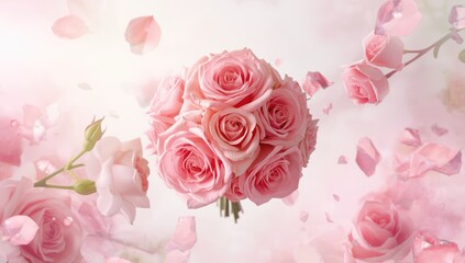 Soft pink blossoms and roses form a pastel floral setting ideal for romantic greeting cards, highlighting gentle petals