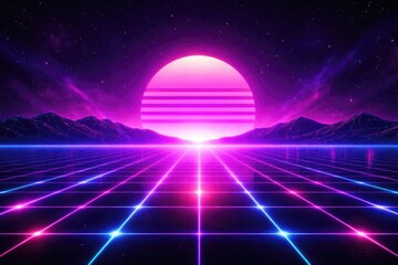 Purple sun casting neon glints on a grid surface in a retro futuristic 80s cyberpunk style