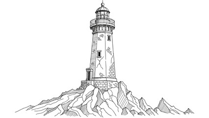 Obraz premium Detailed Black and White Lighthouse Illustration on Rocky Terrain