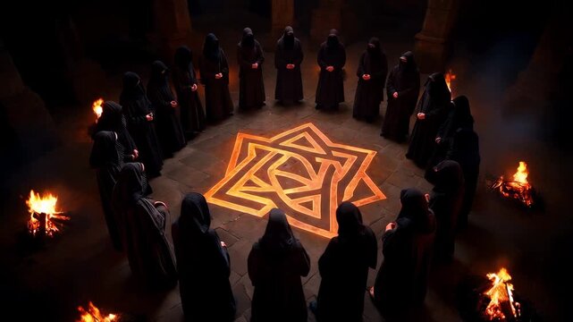 Group of people in dark robes standing around glowing geometric symbol on floor inside dim hall, ritual scene with dramatic lighting. Concept of secret society and mysticism