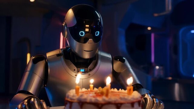 Humanoid robot holding small glowing candle in dark futuristic interior with soft cinematic lighting and shallow depth of field. Concept of artificial intelligence and humanity