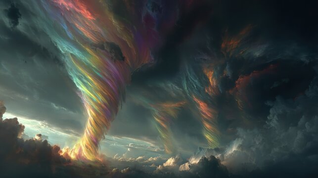 Dramatic swirling rainbow tornados in cloudy sky abstract visual