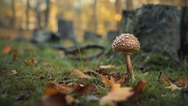 Wild mushroom among fallen leaves, outdoor gathering focus in fall, Earth Day