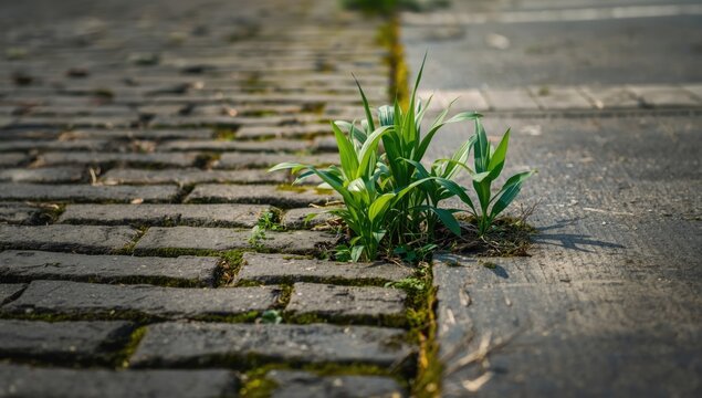 Urban sidewalk with weeds growing through cracks, erosion and maintenance concern
