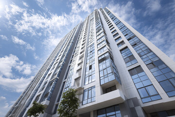 Obraz premium Modern apartment tower exterior with reflective glass windows and white facade under partly cloudy blue sky, low angle view emphasizing height and architectural design