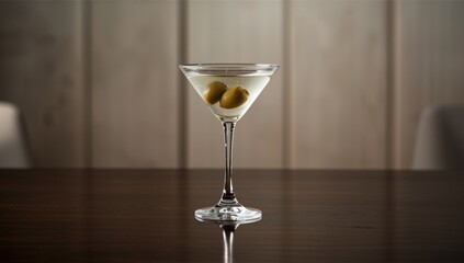A classic dry martini garnished with olives on a table, highlighting cocktail craftsmanship