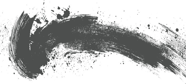 Energetic dark grey brush stroke with fine ink splatters, conveying a sense of motion and artistic flair against a clean white backdrop