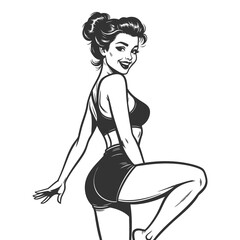 Obraz premium smiling woman in workout clothes striking a playful fitness pose with a confident attitude sketch engraving generative ai fictional character raster illustration. Scratch board. Black and white image.