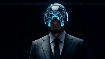 Businessman wearing futuristic VR headset and suit against dark background, immersive virtual reality technology and digital transformation theme. Concept of future business innovation - Powered by Adobe
