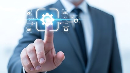 Businessman interacting with digital interface in modern office setting